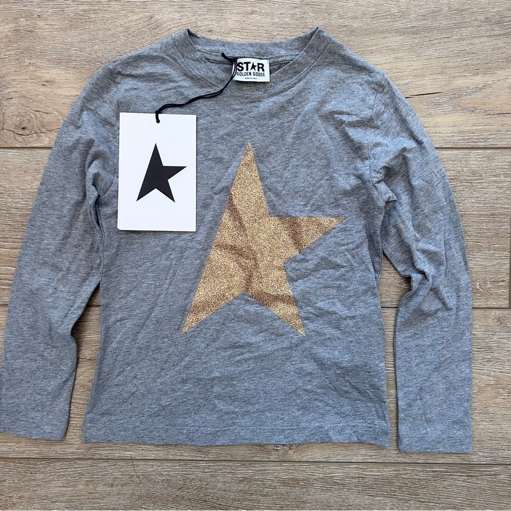 Golden Goose Gold Glitter Logo Star Long Sleeve Gray‎ Shirt Sz 6 Italy $100 NEW